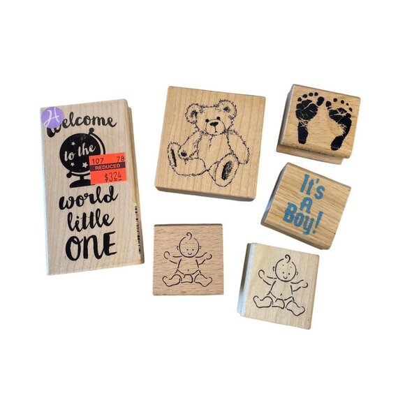 Baby-Themed Wooden & Rubber Stamp Set Teddy Bear Footprints Welcome - Picture 1 of 2